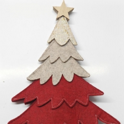 Albero Decorativo Natalizio in Panno Rosso Beige Glitter con Base in Legno 40 cm