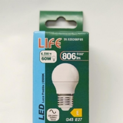 Life 39920266F65 Lampada Goccia G45 Led 6 5W E27 6500K 806lm