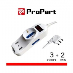 Multipresa ProPart 3 Posti 2 USB Prolunga con Interruttore Spina 16A  2 Bpresa 2P T 10A 16A  1 Presa Schuko 2 USB Bianco