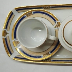Set Colazione Vintage  2 Tazze con Piattino Zuccheriera Vassoio Classica in Porcellana Bianca Bavaria Bordo in Oro e Blu