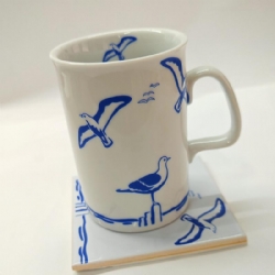 Set Tazza  Mug con Piattino in Porcellana Bianca Vintage Decorazione Gabbiani Blu