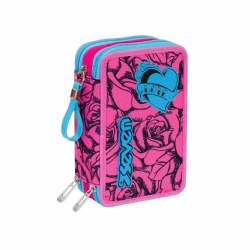 Seven - Astuccio 3 zip - LEFLEUR - Fuxia Rosa Nero Azzurro
