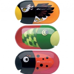 Temperino Faber Castell Animals 2 fori con Gomma e Raccoglitore Fantasia Aquila Coccinella Pesce