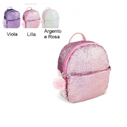 Zaino Pailletes Niji con Pon pon  - Colore Viola Lilla Rosa Argento - Zainetto Bambina