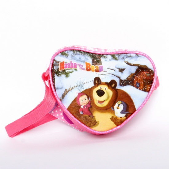 Borsa Tracolla Cuore - Masha e Orso - Tracollina a forma di cuore con zip Rosso Rosa Fucsia Fuxia Bambina - 1