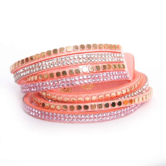 Bracciale a fascia con Strass - Braccialetto doppio con Brillantini - Verde Rosa Beige - 2