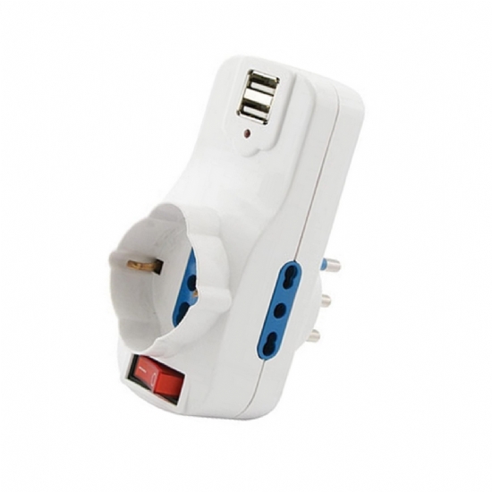 Adattatore rotante - Spina 16 A - 2 conessioni USB - Prese 10 A 16 A - Schuko - 1