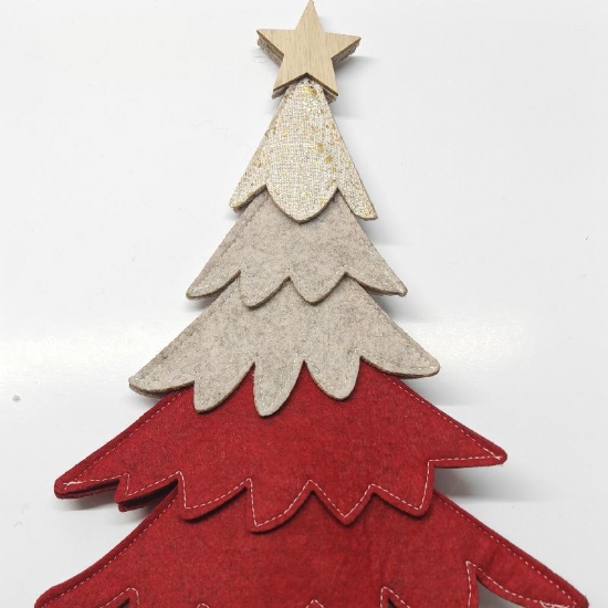 Albero Decorativo Natalizio in Panno Rosso Beige Glitter con Base in Legno 40 cm - 1