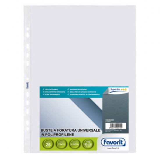 Busta a Foratura Universale Favorit Trasparente PP Lucida Liscia con Apertura Lato Superiore 23x33 cm - 1