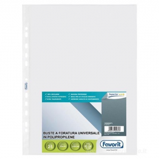 Busta a Foratura Universale Favorit Trasparente PP Lucida Liscia con Apertura Lato Superiore 25x35cm - 1