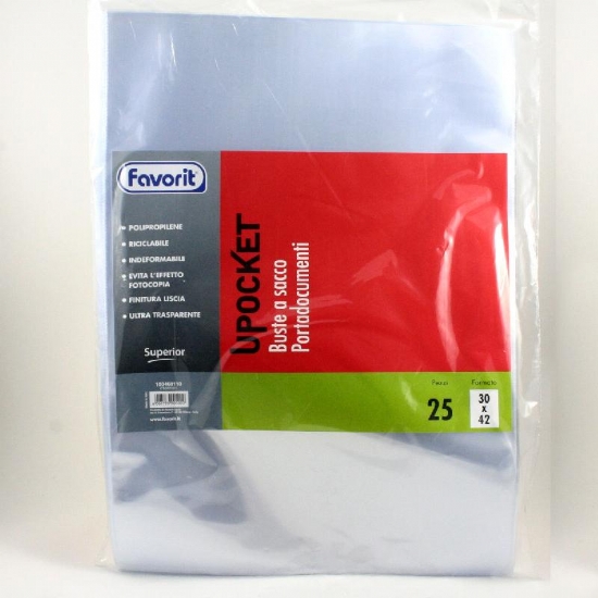 Busta a Sacco Favorit Upocket A3 Portadocumenti Trasparente PPL Trasparente Lucida Liscia con Apertura Lato Superiore 30x42 cm - 1
