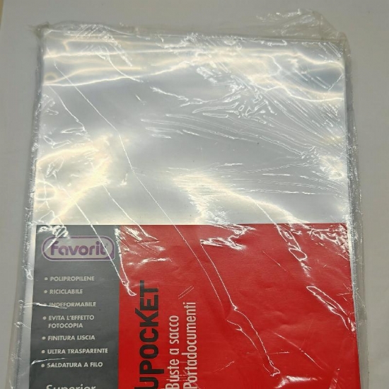 Busta a Sacco Favorit Upocket A4 Portadocumenti Trasparente PPL Trasparente Lucida Liscia con Apertura Lato Superiore 21X29 7 CM 25 pezzi - 2