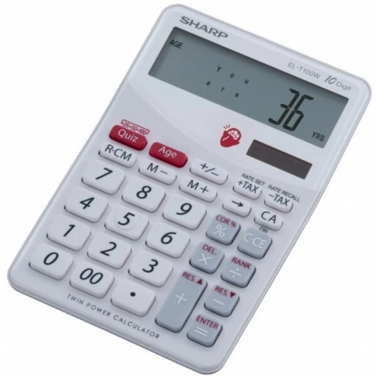 Calcolatrice da Tavolo Sharp ELT100WB Bianco con Test Quoziente Intellettivo - 1