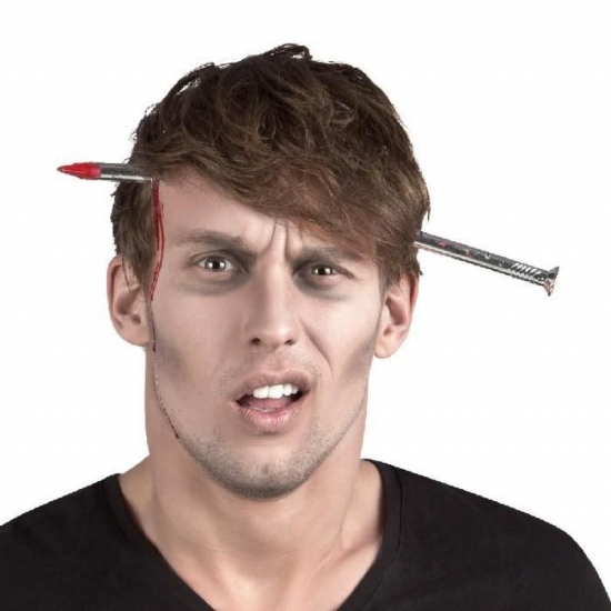 Cerchietto Testa con Chiodo Infilzato Halloween Grigio Argento con finto sangue Horror Orrore - 1