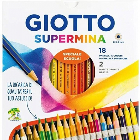 Colori a Matita SUPERMINA Giotto mina da 3 8 mm 18 pezzi e 2 Matite HB 2B - 1