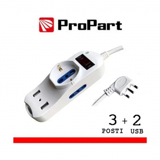 Multipresa ProPart 3 Posti 2 USB Prolunga con Interruttore Spina 16A  2 Bpresa 2P T 10A 16A  1 Presa Schuko 2 USB Bianco - 1