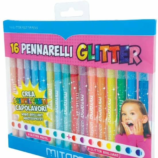 Pennarelli Mitama- 16 colori pannarello - 8 Glitter 8 Pastelli - Brillantini - Colori Brillanti - 1