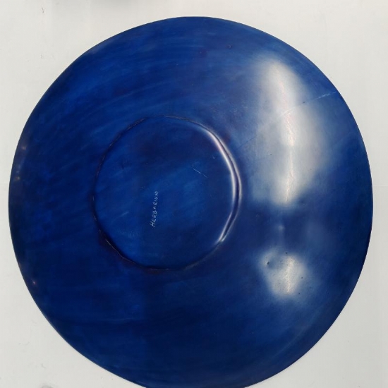 Piatto Porta Candele Decorativo Afrika Rotondo di Pietra con Motivi Geometrici Incisi a Mano 35cm Diametro Colore Blu - 2