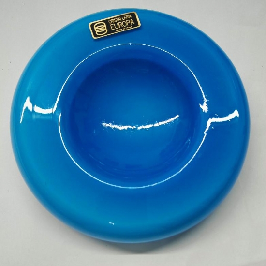 Posacenere Svuotatasche Vintage in Vetro Blu di Murano Firmato Cristalleria Europa Diametro 19 cm  - 1