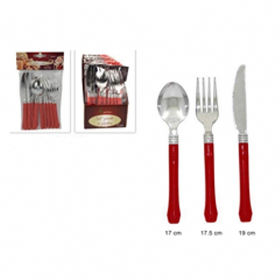Posate in plastica natalizie - Set 12 pz - 4 forchette 4 cucchiai 4 coltelli - Natale Rosso - 1