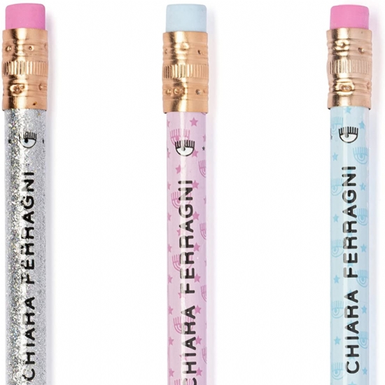 Set 3 Matite con Gomma - CHIARA FERRAGNI - Scuola Fashion Blogger - Boss Babe - Argento Rosa Azzurro - 2