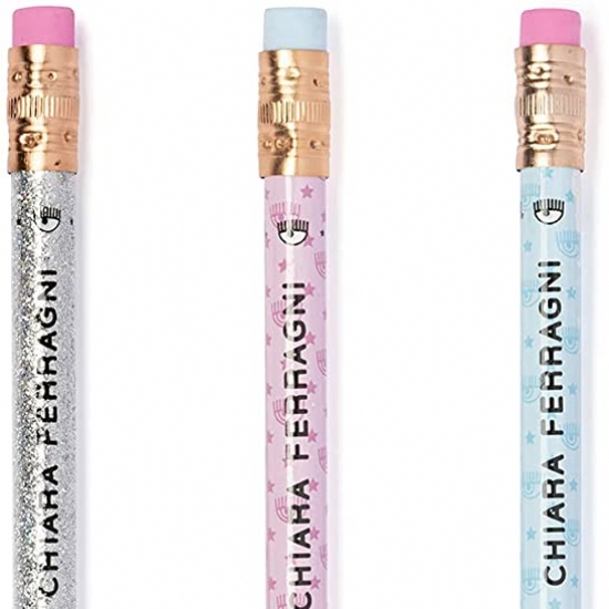 Set 3 Matite con Gomma - CHIARA FERRAGNI - Scuola Fashion Blogger - Boss Babe - Argento Rosa Azzurro - 2
