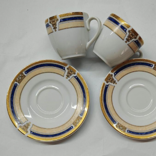 Set Colazione Vintage  2 Tazze con Piattino Zuccheriera Vassoio Classica in Porcellana Bianca Bavaria Bordo in Oro e Blu - 2
