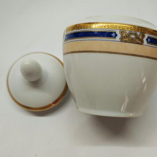 Set Colazione Vintage  2 Tazze con Piattino Zuccheriera Vassoio Classica in Porcellana Bianca Bavaria Bordo in Oro e Blu - 2