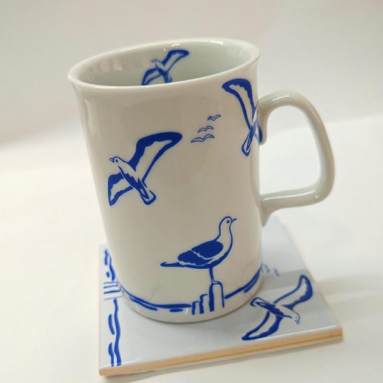 Set Tazza  Mug con Piattino in Porcellana Bianca Vintage Decorazione Gabbiani Blu - 1