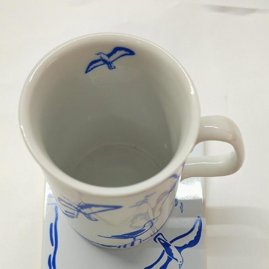 Set Tazza  Mug con Piattino in Porcellana Bianca Vintage Decorazione Gabbiani Blu - 2