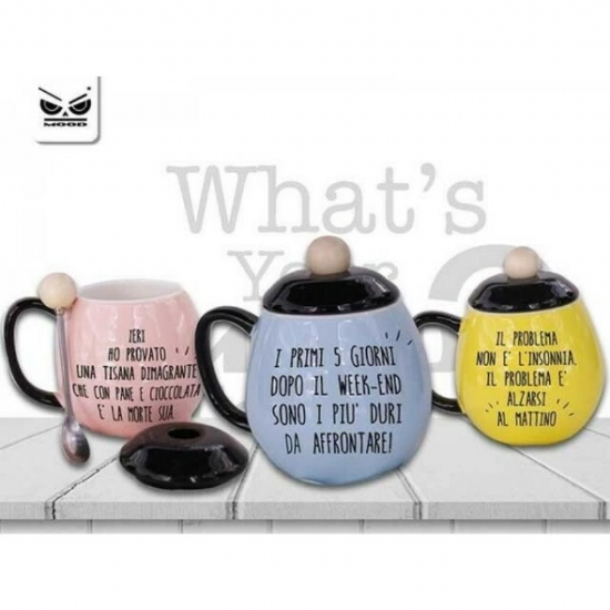 Tazza Mood  Ceramica con Coperchio e Cucchiaino con Frasi Umoristiche Gift Box Colori Assortiti - 1
