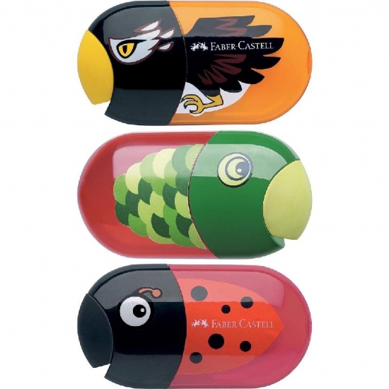 Temperino Faber Castell Animals 2 fori con Gomma e Raccoglitore Fantasia Aquila Coccinella Pesce - 1