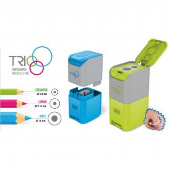 Temperino Universale Trio Lebez 3 fori con Raccoglitore Colore Rosa Verde Azzurro - 2