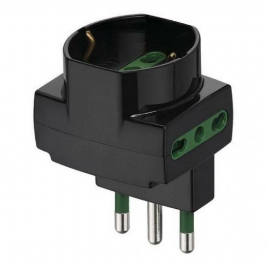 Tripla Riduzione Presa Adattatore Sfalsato Verticale Vimar 314 2P T 16A  P40 Spina Shuko Tedesca Nero - 1