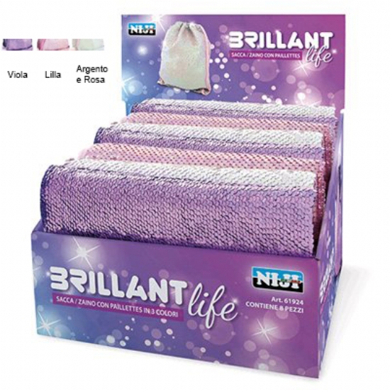 Zaino Pailletes Niji con Pon pon  - Colore Viola Lilla Rosa Argento - Zainetto Bambina - 1