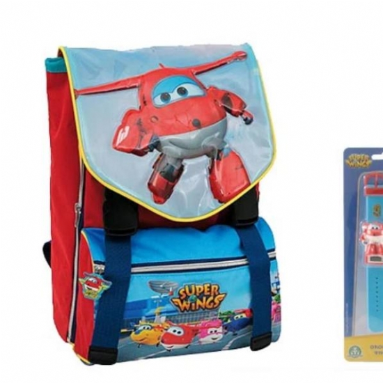 Zaino Super Wings Estensibile con Gadget Orologio Colore Rosso Blu Stampa Personaggi - 1