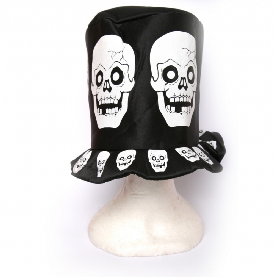Cappello cilindro alto Halloween Nero con stampa scheletro Bianco per Travestimenti Horror Orrore - 1